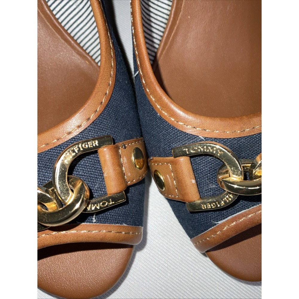 Tommy Hilfiger Tawnisha Peep Toe Horsebit Cork Wedge Heel Sz 6.5 Preppy Nautical - Picture 3 of 8